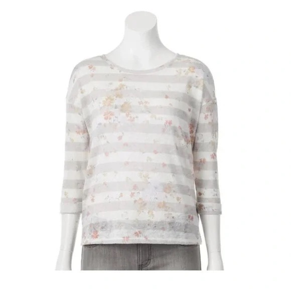 LC LAUREN CONRAD | Floral Striped 3/4  Sleeve Top - Picture 1 of 13